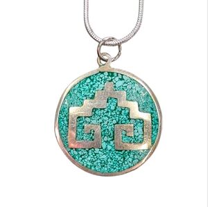 Vintage Alpaca Mexico Aztec Crushed Turquoise Pendant